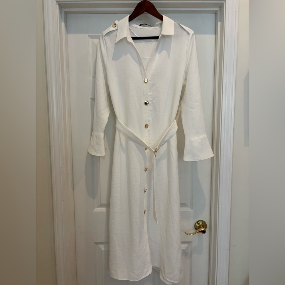 Zara White Belted Shirt Dress with Gold Buttons